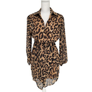 Nic & Jo M Dress Animal Print Wrap Skirt Elastic Waist Chiffon Brown